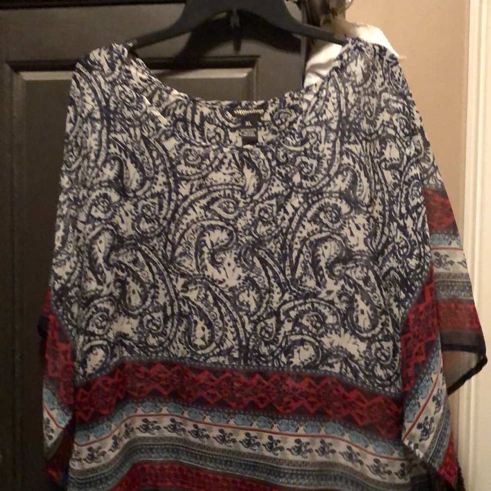 Navy blue, white & red sheer blouse